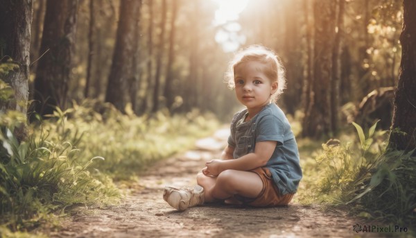 solo,looking at viewer,blue eyes,blonde hair,shirt,1boy,sitting,full body,white hair,short sleeves,male focus,outdoors,shorts,day,blurry,tree,depth of field,blurry background,sandals,sunlight,aged down,blue shirt,child,nature,forest,realistic,male child,brown shorts,short hair,shoes,grass,plant,t-shirt,sneakers