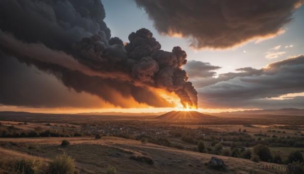 outdoors,sky,cloud,tree,no humans,sunlight,cloudy sky,grass,building,nature,scenery,smoke,sunset,mountain,sun,road,landscape,hill,fire,rock,city,molten rock