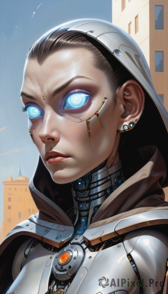 1girl,solo,looking at viewer,short hair,blue eyes,black hair,jewelry,closed mouth,upper body,earrings,hood,lips,makeup,glowing,building,portrait,glowing eyes,forehead,hood up,science fiction,nose,android,cyborg,cyberpunk,sky,day,signature,eyelashes,facial mark,expressionless,robot,close-up,city,forehead mark,realistic,stud earrings,cityscape,hair slicked back,hair pulled back