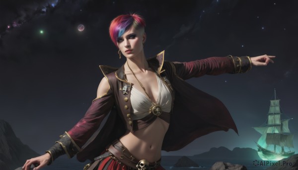 1girl,solo,breasts,short hair,large breasts,navel,cleavage,jewelry,medium breasts,collarbone,jacket,pink hair,red hair,multicolored hair,earrings,outdoors,parted lips,open clothes,sky,midriff,belt,necklace,two-tone hair,open jacket,lips,makeup,night,piercing,moon,lipstick,star (sky),night sky,starry sky,nose,scar,skull,watercraft,ship