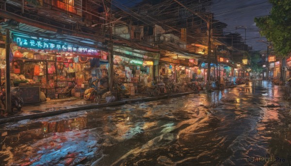 outdoors,multiple boys,sky,water,bag,tree,no humans,night,ground vehicle,building,scenery,motor vehicle,reflection,rain,lantern,city,sign,road,cityscape,power lines,lamppost,street,utility pole,puddle,shop,city lights,vending machine,neon lights,vanishing point,food,cloud,window,plant,night sky,car,potted plant,cable,dark,bicycle,road sign,pavement,storefront