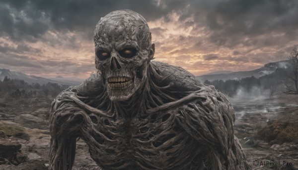 solo,looking at viewer,1boy,yellow eyes,male focus,outdoors,sky,teeth,cloud,tree,no humans,glowing,cloudy sky,nature,scenery,glowing eyes,skull,monster,mountain,ribs,skeleton,bare tree,bone,horror (theme),upper body,giant,fog,undead