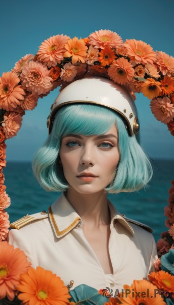 1girl,solo,looking at viewer,short hair,bangs,blue eyes,shirt,hat,closed mouth,blue hair,white shirt,upper body,flower,outdoors,sky,day,collared shirt,artist name,water,blurry,uniform,blue sky,lips,military,eyelashes,aqua hair,military uniform,ocean,bob cut,helmet,portrait,realistic,nose,orange flower,aqua eyes,buttons,expressionless,epaulettes