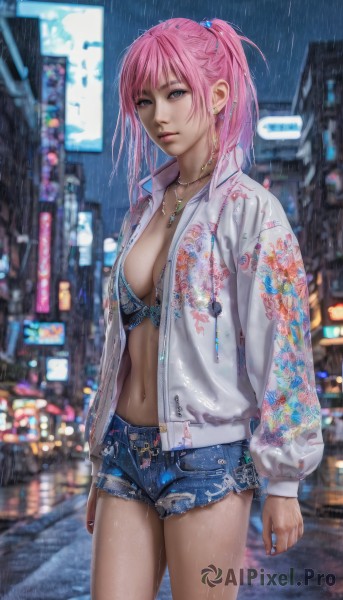 1girl,solo,breasts,looking at viewer,bangs,blue eyes,long sleeves,navel,cleavage,twintails,jewelry,medium breasts,closed mouth,underwear,standing,jacket,swimsuit,ponytail,pink hair,cowboy shot,earrings,outdoors,open clothes,shorts,medium hair,necklace,stomach,nail polish,bra,blurry,open jacket,lips,wet,torn clothes,short shorts,night,depth of field,blurry background,piercing,floral print,white jacket,denim,building,wet clothes,blue nails,rain,blue shorts,denim shorts,city,realistic,blue bra,cutoffs,long hair,hair ornament,sidelocks,thighs,midriff,puffy sleeves,artist name,mole,grey eyes,unzipped,road,open fly,street,city lights,print bra