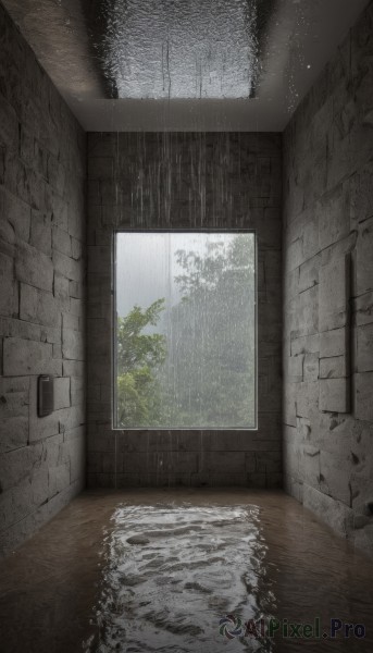 outdoors,day,indoors,water,tree,no humans,window,plant,scenery,rain,water drop,door,wall,brick wall,reflection,wooden floor,puddle