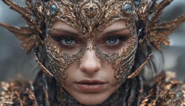 1girl,solo,long hair,looking at viewer,black hair,closed mouth,armor,blurry,lips,grey eyes,eyelashes,depth of field,blurry background,helmet,feathers,portrait,close-up,realistic,red lips,straight-on,winged helmet,valkyrie,green eyes,gem,headpiece,nose,headdress