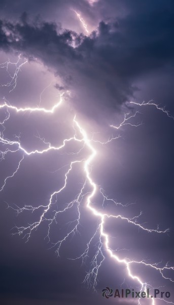 solo,monochrome,outdoors,sky,cloud,no humans,cloudy sky,scenery,electricity,purple theme,lightning,dark