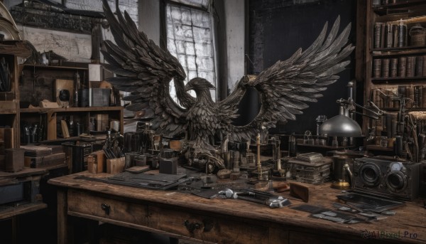 wings,indoors,tree,cup,book,no humans,window,bird,chair,table,bottle,box,scenery,feathered wings,desk,wooden floor,paper,bookshelf,lamp,shelf,jar,drawer,globe,phonograph,telescope,hourglass,weapon,black wings,skull,candle,book stack,quill,candlestand,animal skull,inkwell