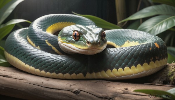 HQ,looking at viewer,closed mouth,outdoors,artist name,signature,blurry,black eyes,no humans,animal,leaf,plant,slit pupils,snake,scales,animal focus,oversized animal,solo,full body,lying,tongue,fangs,nature,forest,realistic,forked tongue,white snake