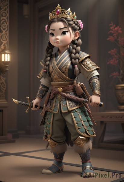 1girl,solo,long hair,looking at viewer,brown hair,hair ornament,long sleeves,holding,twintails,brown eyes,jewelry,closed mouth,standing,full body,weapon,braid,flower,earrings,boots,pants,sword,indoors,hair flower,holding weapon,armor,black eyes,twin braids,sash,tiara,crown,knife,sheath,child,pouch,female child,holding knife,dagger,artist name,lips,blurry background,shadow,holding sword,shoulder armor,dual wielding,holding dagger