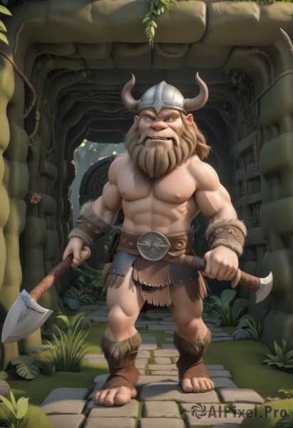 solo,looking at viewer,blue eyes,blonde hair,brown hair,1boy,navel,holding,nipples,standing,full body,weapon,male focus,horns,pointy ears,holding weapon,muscular,facial hair,abs,helmet,pectorals,plant,muscular male,bara,beard,topless male,fake horns,axe,loincloth,holding axe,horned helmet,animal ears,barefoot,artist name,armor,fangs,grass,furry,furry male,ruins,vines,chest hair,tusks,battle axe,minotaur