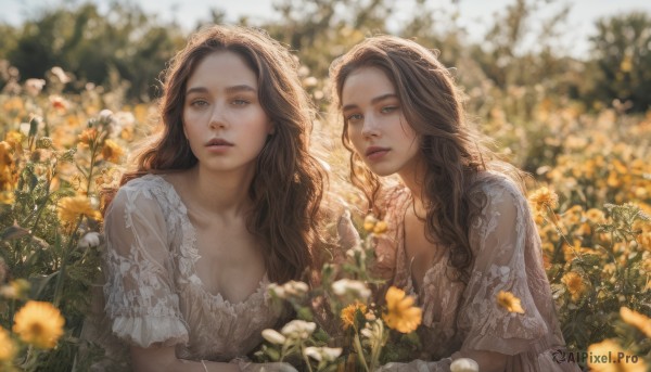 long hair, breasts, multiple girls, brown hair, dress, 2girls, cleavage, upper body, flower, outdoors, parted lips, blurry, lips, depth of field, blurry background, wavy hair, realistic, yellow flower