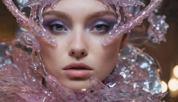 1girl,solo,looking at viewer,brown hair,closed mouth,green eyes,parted lips,blurry,lips,grey eyes,eyelashes,makeup,depth of field,blurry background,portrait,close-up,eyeshadow,reflection,realistic,mascara,short hair,water