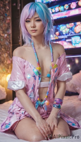 1girl,solo,breasts,looking at viewer,smile,short hair,bangs,skirt,shirt,navel,cleavage,bare shoulders,brown eyes,jewelry,medium breasts,sitting,underwear,blue hair,collarbone,pink hair,multicolored hair,earrings,small breasts,parted lips,open clothes,indoors,necklace,off shoulder,nail polish,bra,blurry,bracelet,two-tone hair,lips,fingernails,open shirt,bed,gradient hair,blurry background,on bed,ring,pink nails,realistic,nose,hands on own thighs,swimsuit,short sleeves,bikini,medium hair,bed sheet,watermark,wristband,bikini top only,web address,pink skirt,freckles,pink shirt,watch,bikini under clothes,hands on lap,multicolored bikini