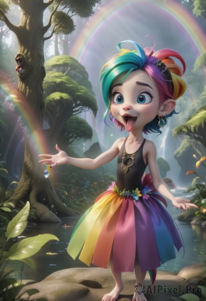 1girl,solo,smile,short hair,open mouth,blue eyes,skirt,blonde hair,hair ornament,dress,bare shoulders,jewelry,blue hair,standing,collarbone,full body,pink hair,purple hair,flower,multicolored hair,earrings,outdoors,green hair,barefoot,teeth,sleeveless,solo focus,day,tongue,artist name,tongue out,water,necklace,nail polish,flat chest,two-tone hair,tree,bare arms,aqua hair,leaf,upper teeth only,watermark,piercing,sunlight,tank top,grass,aged down,plant,gem,child,nature,multicolored clothes,:p,forest,toenails,female child,rainbow,colorful,pond,rainbow hair,hair flower,feathers,furry,furry female,forked tongue