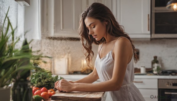 1girl,solo,long hair,breasts,brown hair,dress,bare shoulders,closed mouth,closed eyes,upper body,food,sleeveless,indoors,white dress,blurry,lips,window,fruit,sleeveless dress,depth of field,blurry background,wavy hair,plant,realistic,apple,kitchen,tomato,sink,counter,cutting board,potted plant,cooking,vegetable,stove