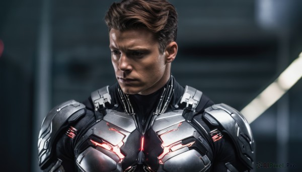 solo,short hair,brown hair,1boy,brown eyes,closed mouth,upper body,male focus,dark skin,armor,blurry,bodysuit,blurry background,facial hair,dark-skinned male,science fiction,realistic,cyborg,power armor,looking to the side,portrait