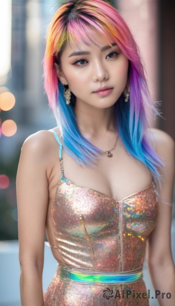 1girl,solo,long hair,breasts,looking at viewer,bangs,blonde hair,large breasts,dress,cleavage,bare shoulders,brown eyes,jewelry,medium breasts,closed mouth,blue hair,collarbone,upper body,pink hair,multicolored hair,earrings,sleeveless,belt,artist name,necklace,blurry,black eyes,two-tone hair,lips,head tilt,bare arms,eyelashes,gradient hair,makeup,sleeveless dress,depth of field,blurry background,watermark,web address,personification,freckles,pink lips,realistic,nose,arms at sides,spaghetti strap,bokeh,rainbow hair,blue eyes,signature,medium hair,streaked hair,feathers,lens flare,eyeshadow