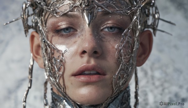 1girl,solo,looking at viewer,short hair,open mouth,blue eyes,brown hair,parted lips,teeth,blurry,lips,grey eyes,blurry background,upper teeth only,looking up,portrait,close-up,freckles,realistic,hair ornament,eyelashes,headpiece