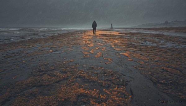 solo,standing,outdoors,sky,cloud,water,from behind,ocean,cloudy sky,scenery,1other,rain,horizon,wide shot,ambiguous gender,grey sky,very wide shot,no humans,night,beach,sand,silhouette,dark,shore