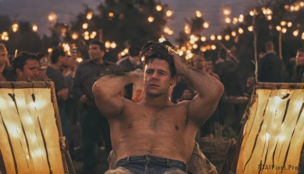 short hair,black hair,1boy,navel,closed mouth,nipples,male focus,outdoors,multiple boys,solo focus,belt,pants,armpits,blurry,arms up,muscular,night,blurry background,facial hair,pectorals,denim,muscular male,instrument,bara,beard,6+boys,topless male,lantern,realistic,adjusting hair,fat,chest hair,crowd,drum,armpit hair,people,hat,upper body,stomach,abs,thick eyebrows,large pectorals,mature male,stubble,paper lantern,navel hair,arm hair,hairy,festival,body hair