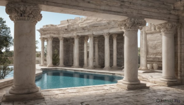 outdoors,sky,day,water,tree,blue sky,no humans,building,scenery,reflection,architecture,ruins,pillar,statue,arch,column,fountain,cloud,sunlight,bridge