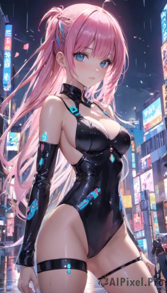 1girl,solo,long hair,breasts,looking at viewer,blush,bangs,blue eyes,large breasts,hair ornament,long sleeves,cleavage,bare shoulders,medium breasts,standing,hair ribbon,pink hair,ahoge,sidelocks,thighs,cowboy shot,outdoors,parted lips,detached sleeves,sky,solo focus,hairclip,water,nail polish,leotard,groin,wet,covered navel,skindentation,thigh strap,night,one side up,highleg,building,night sky,black leotard,skin tight,highleg leotard,city,latex,very long hair,closed mouth,ponytail,multicolored hair,streaked hair,clothing cutout,cleavage cutout,car,cityscape,skyscraper