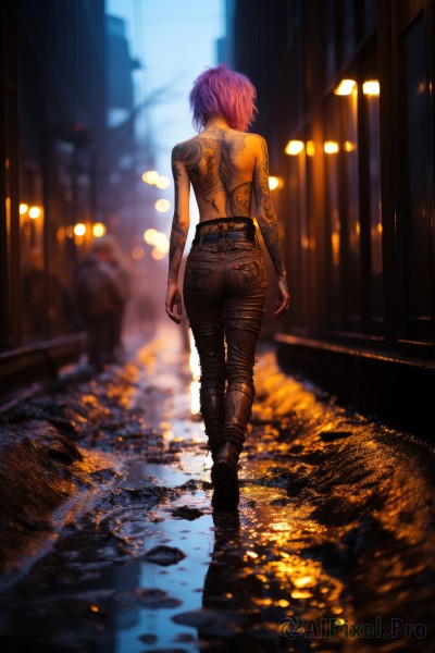 1girl,solo,short hair,standing,full body,pink hair,purple hair,ass,boots,outdoors,belt,pants,water,from behind,black footwear,blurry,tattoo,night,depth of field,blurry background,back,black pants,topless,denim,building,reflection,walking,jeans,city,arms at sides,facing away,road,arm tattoo,lamppost,street,back tattoo,bare shoulders,jewelry,earrings,solo focus,torn clothes,bare arms,ground vehicle,motor vehicle,backlighting,rain,tight,tight pants,neck tattoo,median furrow,pavement