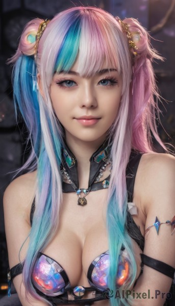 1girl,solo,long hair,breasts,looking at viewer,smile,bangs,blue eyes,hair ornament,cleavage,bare shoulders,twintails,jewelry,medium breasts,closed mouth,blue hair,upper body,pink hair,multicolored hair,artist name,necklace,blurry,two-tone hair,two side up,lips,streaked hair,eyelashes,aqua hair,makeup,blurry background,gem,armlet,freckles,realistic,nose,arm strap,white hair,hair bun,double bun,gradient hair