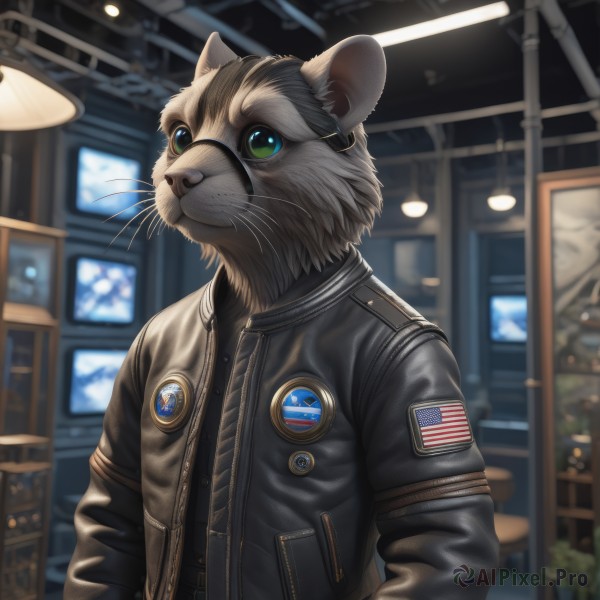 solo,long sleeves,1boy,closed mouth,green eyes,jacket,upper body,male focus,open clothes,glasses,indoors,blurry,open jacket,black jacket,no humans,blurry background,animal,cat,furry,colored sclera,realistic,furry male,leather,animal focus,badge,whiskers,leather jacket,american flag,union jack,patch,looking at viewer,animal ears,jewelry,earrings,cat ears,depth of field,zipper,brown jacket,button badge,bomber jacket,green sclera