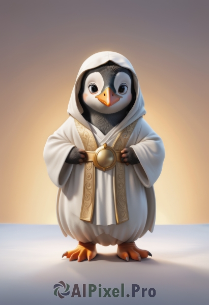 solo,looking at viewer,long sleeves,jewelry,closed mouth,standing,full body,belt,hood,wide sleeves,black eyes,gradient,gradient background,no humans,shadow,bird,blush stickers,1other,hood up,robe,animal focus,penguin,white robe,talons,beak,blush,animal