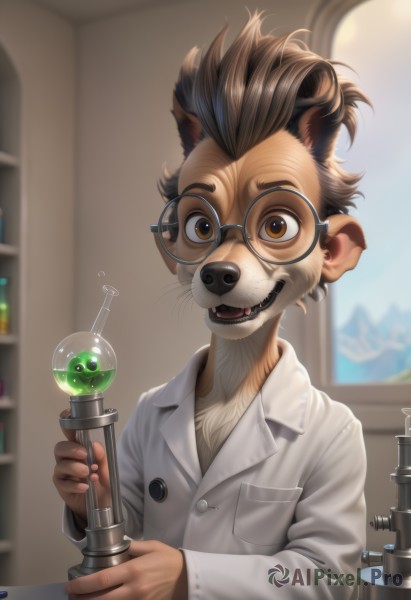 solo,looking at viewer,open mouth,brown hair,shirt,long sleeves,1boy,holding,animal ears,brown eyes,white shirt,upper body,male focus,glasses,teeth,collared shirt,artist name,indoors,blurry,cup,blurry background,facial hair,fangs,furry,drinking glass,round eyewear,labcoat,furry male,male child,whiskers,snout,brown fur,test tube,flask,buck teeth,smile,short hair,window,extra ears,pocket,round-bottom flask