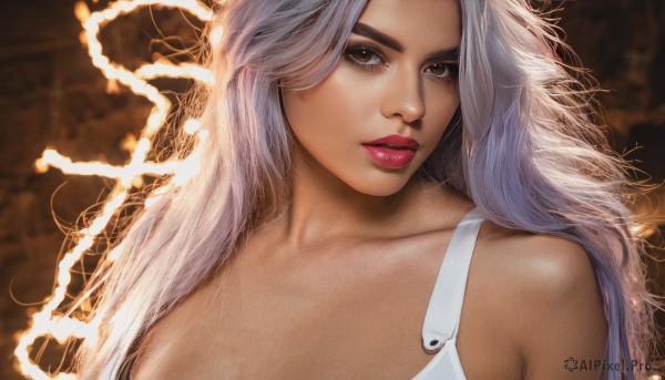 1girl,solo,long hair,looking at viewer,bare shoulders,brown eyes,collarbone,upper body,white hair,parted lips,lips,eyelashes,makeup,lipstick,portrait,realistic,nose,underwear,grey hair,teeth,bra,red lips,electricity,lightning