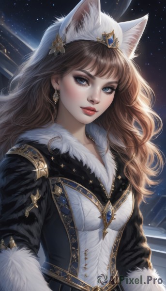 1girl,solo,long hair,breasts,looking at viewer,bangs,blue eyes,brown hair,shirt,long sleeves,animal ears,jewelry,medium breasts,closed mouth,upper body,earrings,sky,belt,artist name,cat ears,lips,coat,animal ear fluff,fur trim,eyelashes,makeup,night,wavy hair,crown,lipstick,gem,star (sky),night sky,buckle,starry sky,nose,red lips,space,hair ornament,hat,dress,white dress,wolf ears,thick eyebrows,tiara,eyeshadow,realistic,mascara