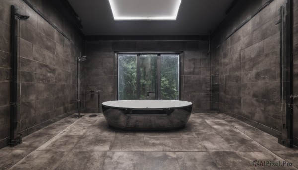 outdoors,day,indoors,tree,no humans,window,plant,scenery,door,tiles,wall,tile floor,bathroom,bathtub,tile wall,toilet,sink,faucet,water