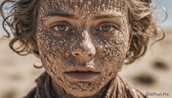 1girl,solo,looking at viewer,short hair,brown hair,brown eyes,closed mouth,outdoors,parted lips,day,blurry,lips,depth of field,blurry background,portrait,close-up,realistic,dirty,eyelashes,floating hair,wind,straight-on,debris,dirty face