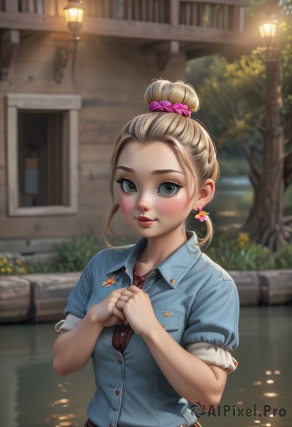 1girl,solo,breasts,looking at viewer,blush,smile,short hair,blue eyes,skirt,blonde hair,brown hair,shirt,hair ornament,jewelry,jacket,upper body,flower,short sleeves,earrings,outdoors,parted lips,day,collared shirt,belt,artist name,water,hair bun,blurry,tree,lips,eyelashes,makeup,buttons,depth of field,blurry background,sunlight,single hair bun,scrunchie,own hands together,blue shirt,denim,lipstick,forehead,sleeves rolled up,hair scrunchie,freckles,pocket,nose,red lips,road,breast pocket,lamppost,denim jacket,green eyes,hair flower,ring,hands on own chest,pink scrunchie