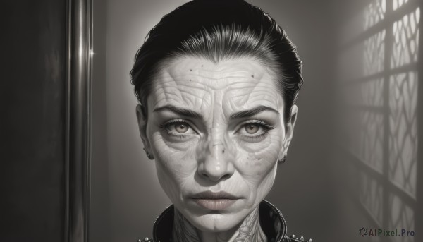 1girl,solo,long hair,looking at viewer,black hair,1boy,brown eyes,jewelry,closed mouth,monochrome,greyscale,earrings,artist name,indoors,signature,lips,eyelashes,facial mark,portrait,freckles,spot color,realistic,eye focus,short hair,male focus,tattoo,nose,stud earrings,very short hair,wrinkled skin