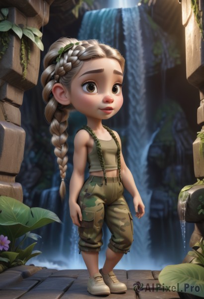 1girl,solo,long hair,looking at viewer,brown hair,navel,brown eyes,standing,full body,ponytail,braid,flower,outdoors,parted lips,shoes,sleeveless,midriff,pants,water,blurry,flat chest,lips,single braid,leaf,thick eyebrows,suspenders,tank top,plant,child,freckles,female child,overalls,camouflage,waterfall,fountain,camouflage pants,breasts,blush,blonde hair,small breasts,crop top,sneakers,rock,nose,dirty,moss,dirty clothes