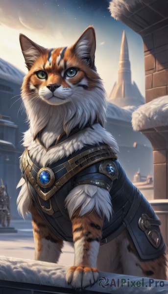 solo,looking at viewer,blue eyes,jewelry,closed mouth,green eyes,standing,outdoors,sky,artist name,armor,fur trim,no humans,night,heterochromia,animal,cat,brooch,shoulder armor,building,gem,star (sky),snow,starry sky,snowing,fantasy,animal focus,whiskers,night sky,realistic