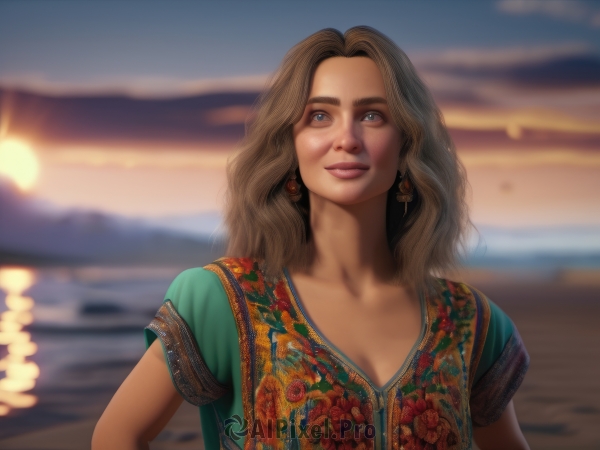 1girl,solo,long hair,breasts,looking at viewer,smile,blue eyes,brown hair,shirt,cleavage,brown eyes,jewelry,closed mouth,upper body,short sleeves,earrings,outdoors,sky,water,blurry,lips,depth of field,blurry background,ocean,wavy hair,beach,floral print,freckles,sunset,realistic,nose,green shirt,dress,medium breasts,collarbone,cloud,sunlight,thick eyebrows,mountain,sun