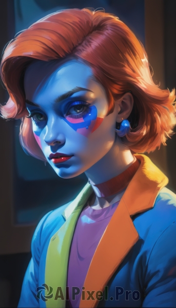 1girl,solo,looking at viewer,short hair,blue eyes,brown hair,shirt,jewelry,closed mouth,jacket,upper body,earrings,choker,medium hair,orange hair,blurry,lips,eyelashes,makeup,blurry background,colored skin,facial mark,lipstick,blue jacket,eyeshadow,pink shirt,nose,blue skin,red lips,facepaint,mascara,clown,green eyes,open clothes,artist name,open jacket,portrait,backlighting,realistic,eyeliner