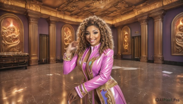 1girl,solo,long hair,breasts,looking at viewer,smile,brown hair,long sleeves,dress,brown eyes,jewelry,standing,earrings,teeth,indoors,hand up,dark skin,necklace,grin,bracelet,dark-skinned female,lips,coat,makeup,ring,lipstick,gem,pink dress,curly hair,gold trim,light rays,stairs,realistic,nose,tiles,pillar,gold,gold chain,door,dreadlocks