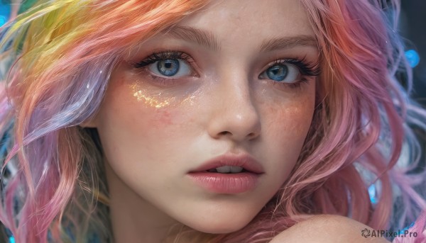 1girl,solo,long hair,looking at viewer,blue eyes,blonde hair,pink hair,multicolored hair,parted lips,teeth,lips,eyelashes,portrait,close-up,freckles,realistic,nose,bare shoulders,orange hair,gradient hair