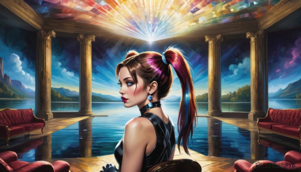 1girl,solo,long hair,breasts,looking at viewer,blush,blue eyes,brown hair,gloves,bare shoulders,twintails,jewelry,medium breasts,sitting,upper body,red hair,earrings,sky,sleeveless,choker,looking back,cloud,water,lips,makeup,chair,lipstick,scenery,eyeshadow,mountain,nose,red lips,pillar,k/da (league of legends),ponytail,black gloves,black choker,own hands together,tank top