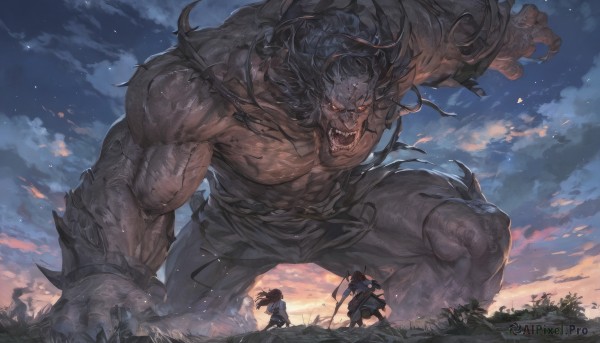 1girl,long hair,short hair,open mouth,brown hair,black hair,red eyes,1boy,holding,standing,ponytail,weapon,outdoors,multiple boys,horns,sky,teeth,sword,cloud,2boys,holding weapon,muscular,glowing,fangs,holding sword,cloudy sky,grass,glowing eyes,veins,monster,bow (weapon),fighting stance,size difference,battle,giant,one knee,demon,male focus,japanese clothes,scar,sharp teeth,polearm,star (sky),claws,sunset,giantess,twilight