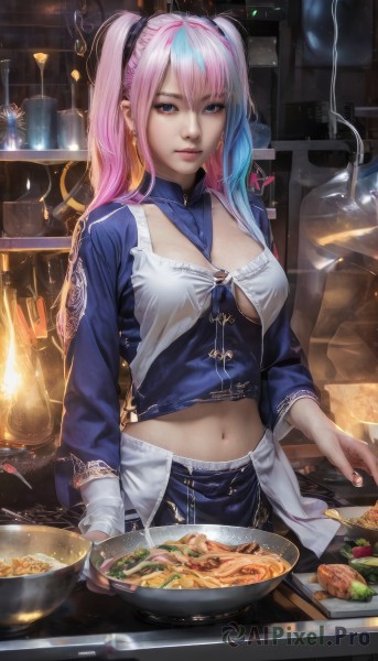 1girl,solo,long hair,breasts,looking at viewer,bangs,blue eyes,skirt,large breasts,long sleeves,navel,cleavage,twintails,jewelry,medium breasts,blue hair,pink hair,multicolored hair,earrings,parted lips,food,midriff,indoors,signature,stomach,nail polish,two-tone hair,lips,streaked hair,crop top,clothing cutout,eyelashes,makeup,underboob,cleavage cutout,fire,between breasts,steam,plate,smoke,bowl,realistic,nose,cooking,kitchen,frying pan,stove,artist name,watermark,spoon,noodles,soup