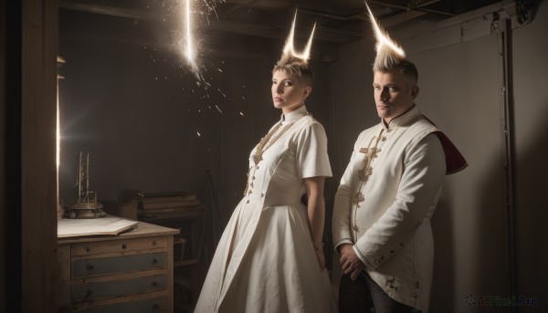 1girl,short hair,blonde hair,brown hair,black hair,long sleeves,1boy,dress,brown eyes,jewelry,closed mouth,standing,short sleeves,indoors,white dress,lips,holding hands,facial hair,cross,crown,robe,light,priest,male focus,multiple boys,2boys,siblings,mohawk