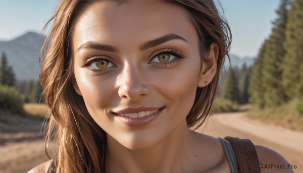 1girl,solo,long hair,looking at viewer,smile,brown hair,brown eyes,jewelry,collarbone,earrings,outdoors,teeth,day,mole,grin,blurry,tree,lips,depth of field,blurry background,portrait,forehead,freckles,realistic,stud earrings,mole on neck,mole on cheek,open mouth,sky,blue sky,eyelashes,close-up,dirty