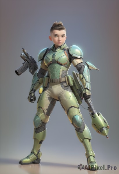 1girl,solo,looking at viewer,short hair,brown hair,gloves,holding,brown eyes,green eyes,standing,full body,weapon,boots,holding weapon,armor,lips,gun,bodysuit,shoulder armor,holding gun,rifle,reflection,science fiction,pouch,breastplate,assault rifle,knee pads,undercut,power armor,reflective floor,realistic